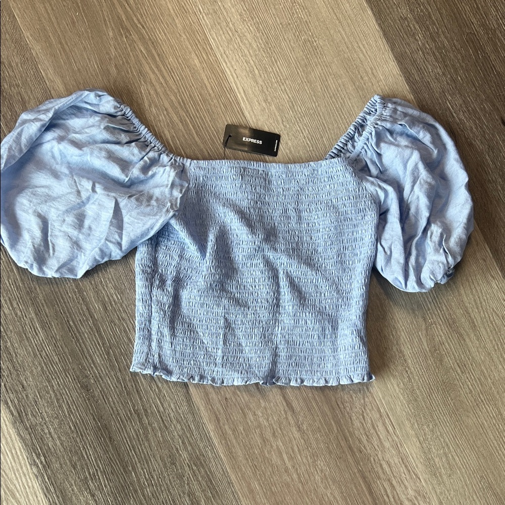 Express RT: $54 Square Neck Puff Sleeve Smocked Top size XS Sky Blue - Picture 5 of 8
